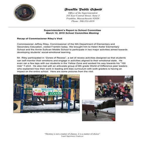 Superintendent's Report to School Committee - March 12, 2019