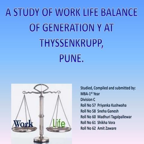Rm ppt on A STUDY OF WORK LIFE BALANCE OF GENERATION Y AT THYSSENKRUPP,  PUNE.