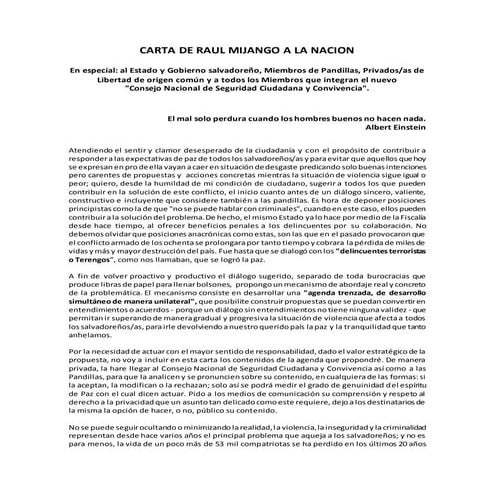 CARTA DE RAUL MIJANGO A LA NACIÓN