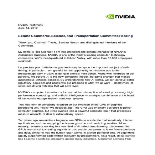 NVIDIA Testimony at Senate Commerce, Science, and Transportation Committee He...