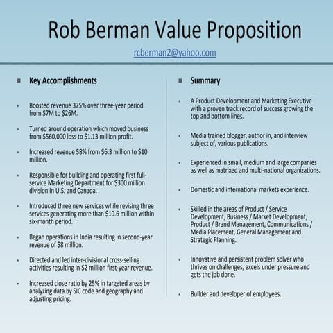 Rob Berman Value Proposition  -Blog