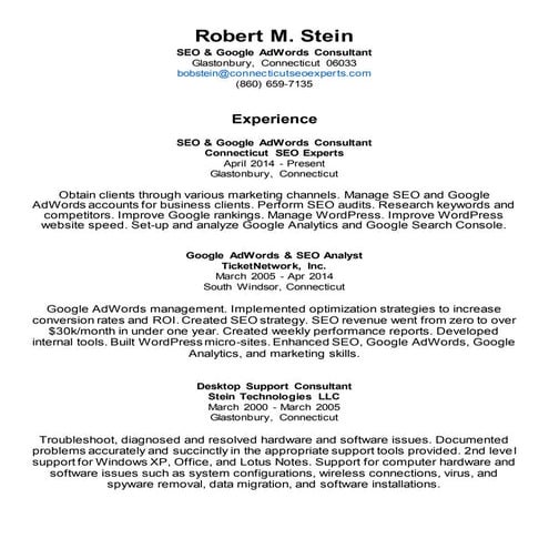 ROBERT STEIN SEO & GOOGLE ADWORDS CONSULTANT