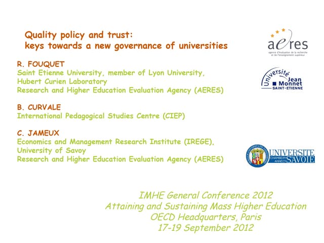 Quality policy and trust: keys towards a new governance of universities - R. ...