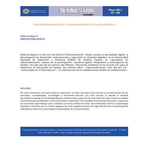 Revista la Educ@ción (2011, Nº145). Principios pedagógicos y comunicacionales de la educación 2.0