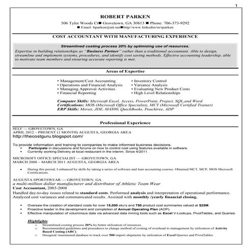 Robert Parken Cost Accountant with Mfg Exp
