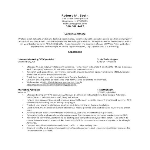 Robert Stein's Resume - Internet Marketing & SEO Specialist