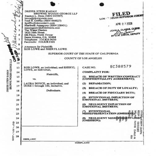 Rob Lowe and Sheryl Lowe v. Laura Boyce and Does 1 through 100 - Lawsuit Agai...