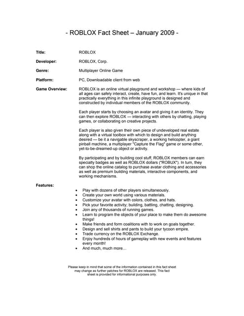 Roblox Fact Sheet