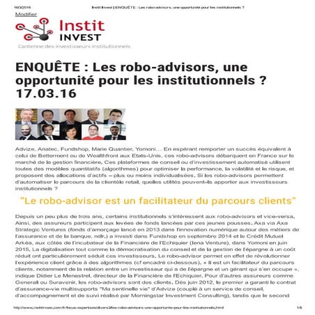 Robo advisors une opportunité pour la gestion institutionnelle