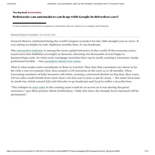 Can automakers catch up with google in driverless cars  (Financial Times)