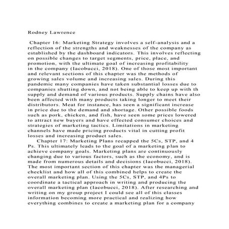 Rodney Lawrence  Chapter 16 Marketing Strategy involves a sel.docx