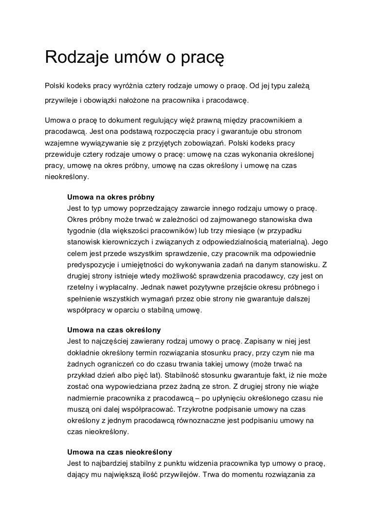 Rodzaje umów o pracę