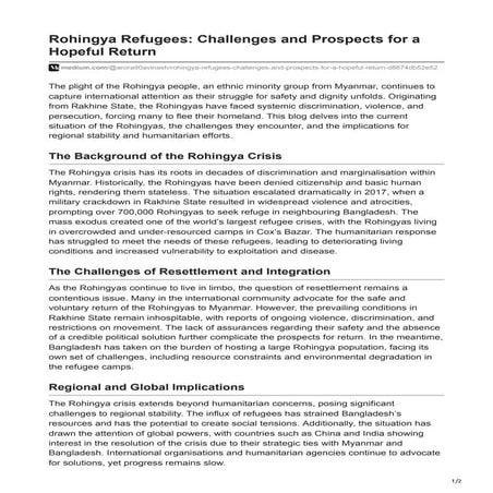 Rohingya Refugees: Challenges and Prospects for a Hopeful Return