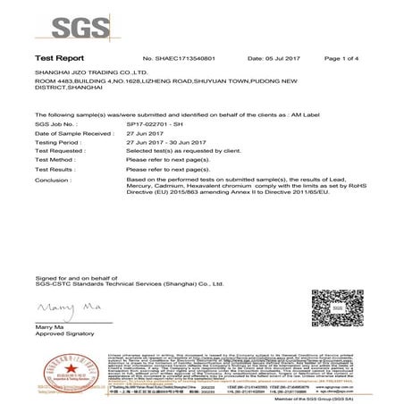 RoHs report of am labels from jizosecurity | PDF