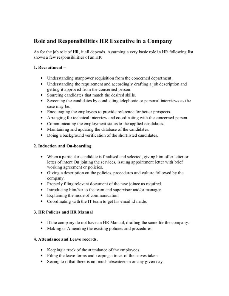 Role And Responsibilities Hr Executive In A Company
