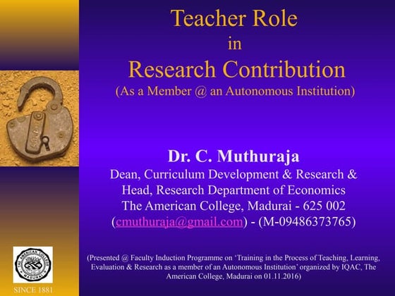 Dr.C.Muthuraja's 'Teacher Role in Research Contribution'