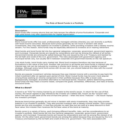 Role of bond funds in a portfolio