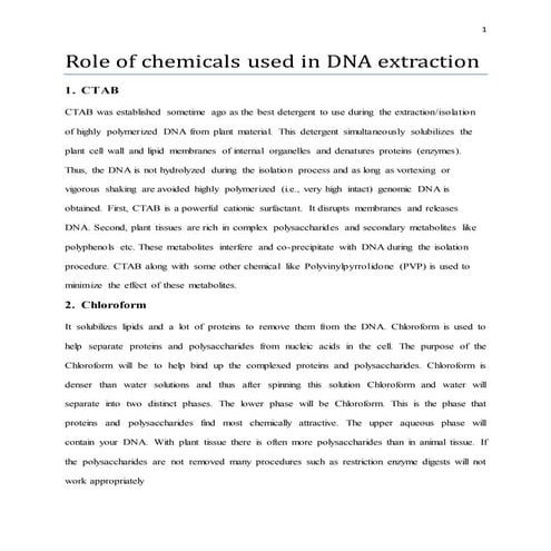 Role of chemicals used in DNA extraction (Recombinant DNA Technology Lab) 