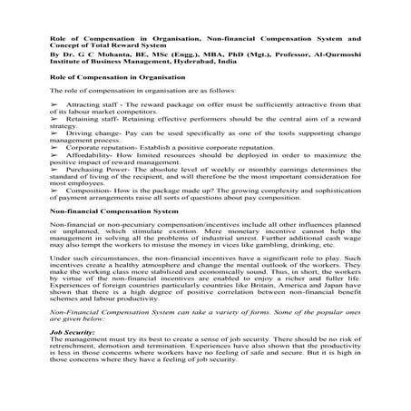 Role of Compensation in Organisation, Non-financial Compensation System and C...