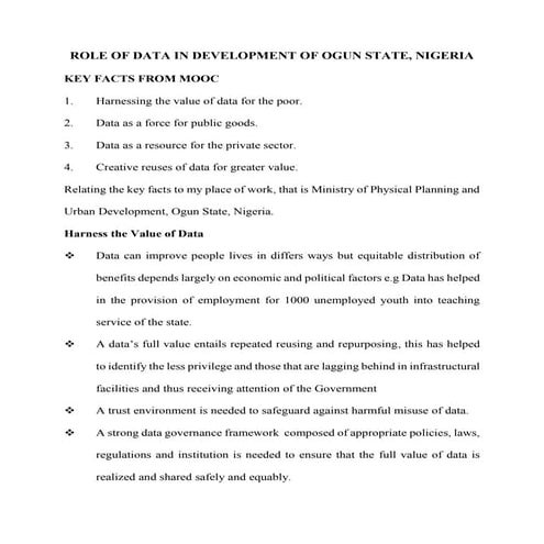 Role of data in development in Ogun State. Nigeria