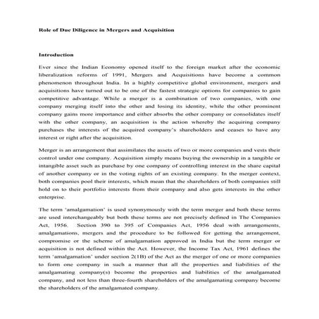 Role of due diligence in mergers and acquisition