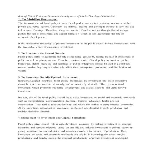 Role of fiscal policy in economic development of under developed countries