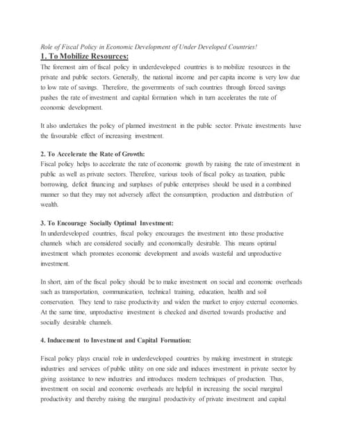 Role of fiscal policy in economic development of under developed countries