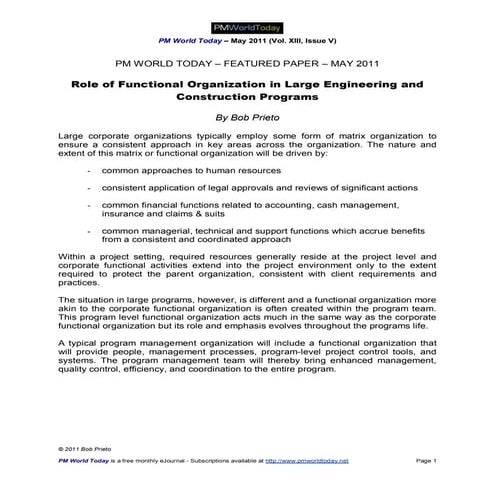 Role of Functional Organization in Large Engineering and Construction Programs