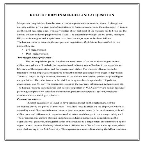 Role of hrm in merger and acqusition