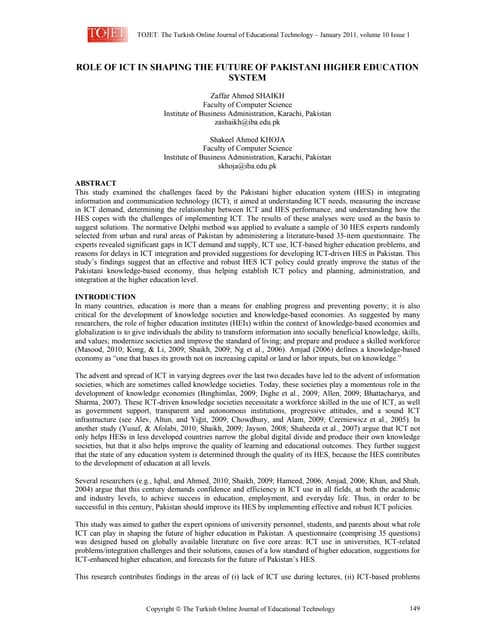 Role of ICT in Shaping the Future of Pakistani Higher Education System