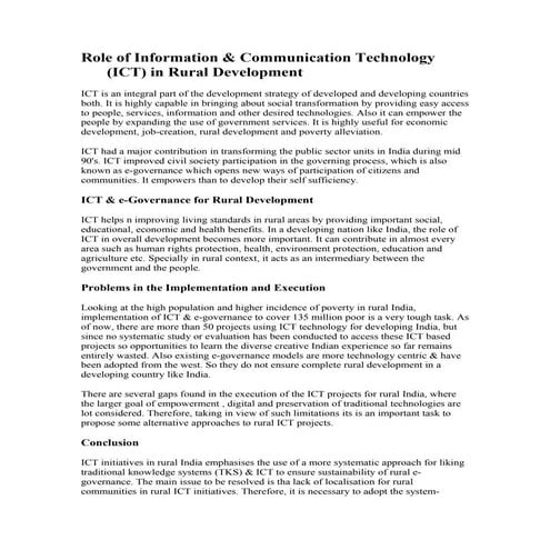 Role of information & communication technology (ict) in rural development by ...