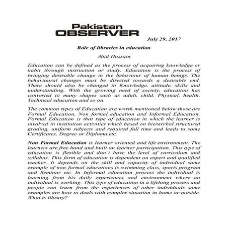Role of libraries in education by Abid Hussain Library Officer ISSI, Islamabad