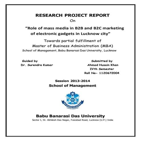 Role of mass media in b2 b and b2c marketing of electronic gadgets in lucknow...