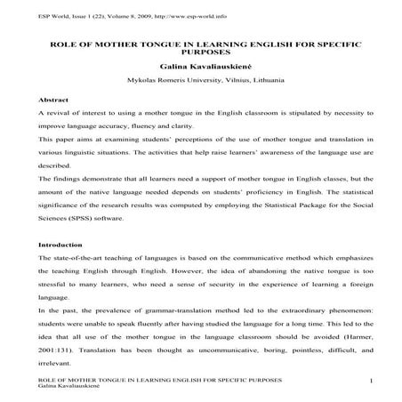 Role of mother tongue in learning english for specific purposes