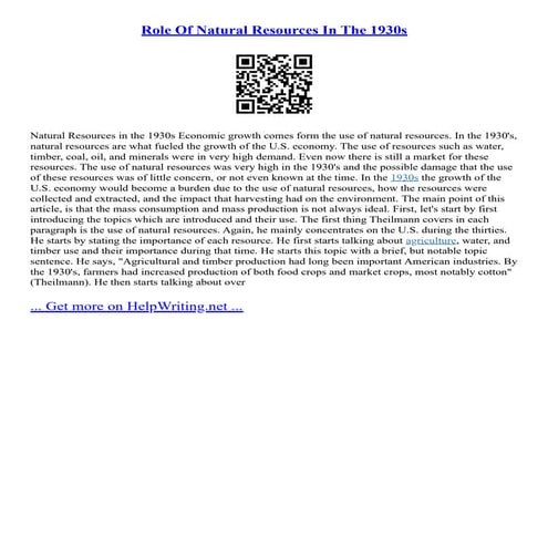 Role Of Natural Resources In The 1930S