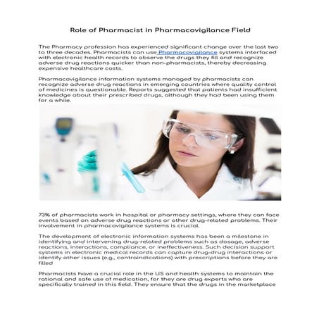 Role of pharmacist in pharmacovigilance field | PDF