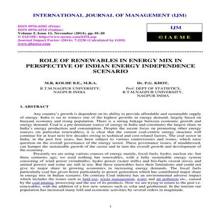 Role of renewables in energy mix in perspective of indian energy independence...