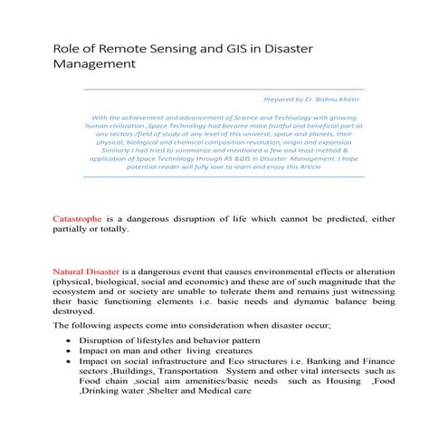 Role of RS & GIS; gis in disaster management prepared by er. bishnu khatri