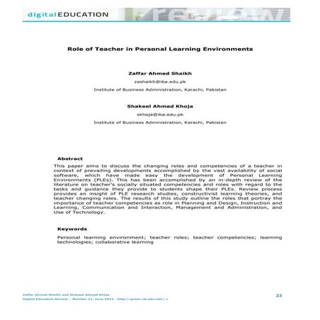 Role of Teacher in Personal Learning Environments
