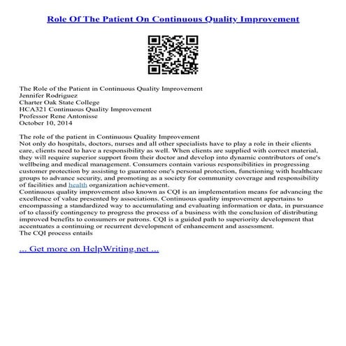 Role Of The Patient On Continuous Quality Improvement | PDF