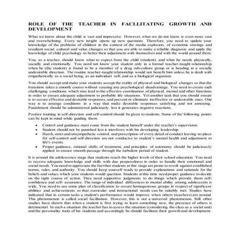 Role of the teacher in facllitating growth and development