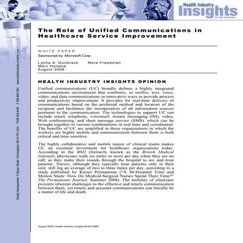 Microsoft Unified Communications – Role in Healthcare Service Improvement Whi...