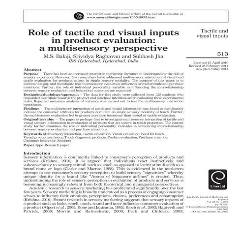 Role of visual and tactile inputs in prodct evaluation
