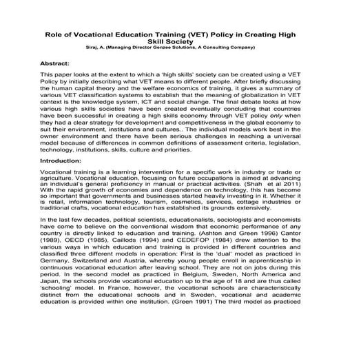 Role of vocational education training (vet) policy in creating high ...