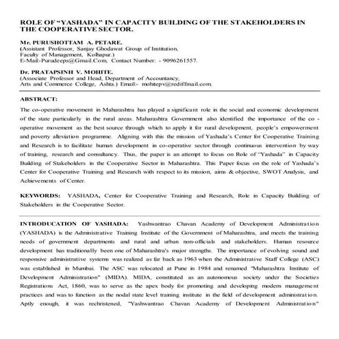 Role of yashada in capacity building of the stakeholders in the cooperative s...