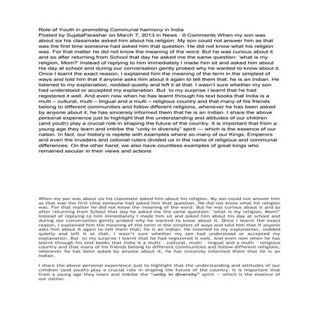 Role of youth in promoting communal harmony in india