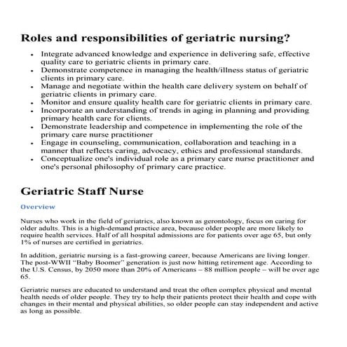 Roles and responsibilities of geriatric nursing