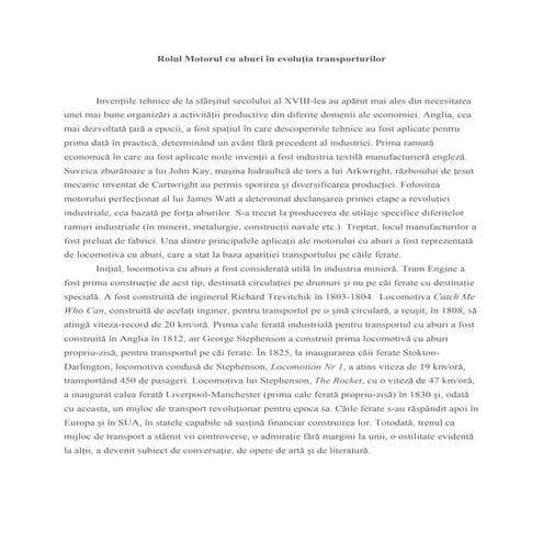 Rolul motorului cu aburi in evoluţia transporturilor