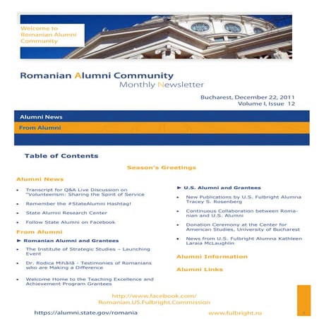 Romanian Alumni Community Newsletter   Volume I, Issue 12