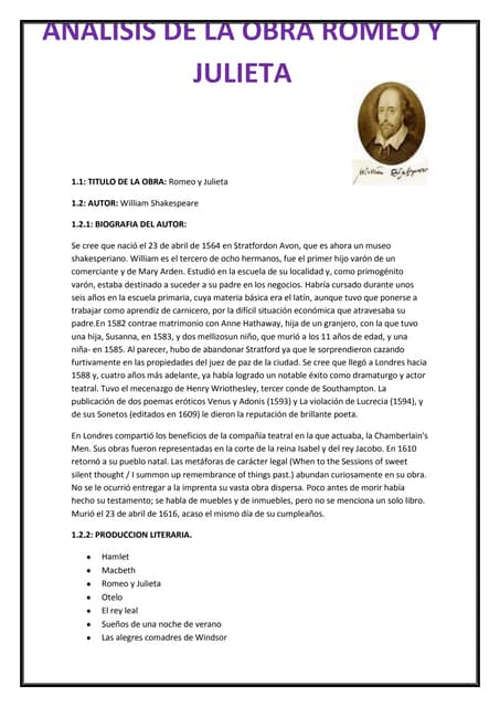 Analisis Literario Romeo Y Julieta